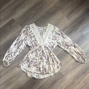 floral White Ruffled Peplum Blouse with Bib Collar Boho Stretchy Western